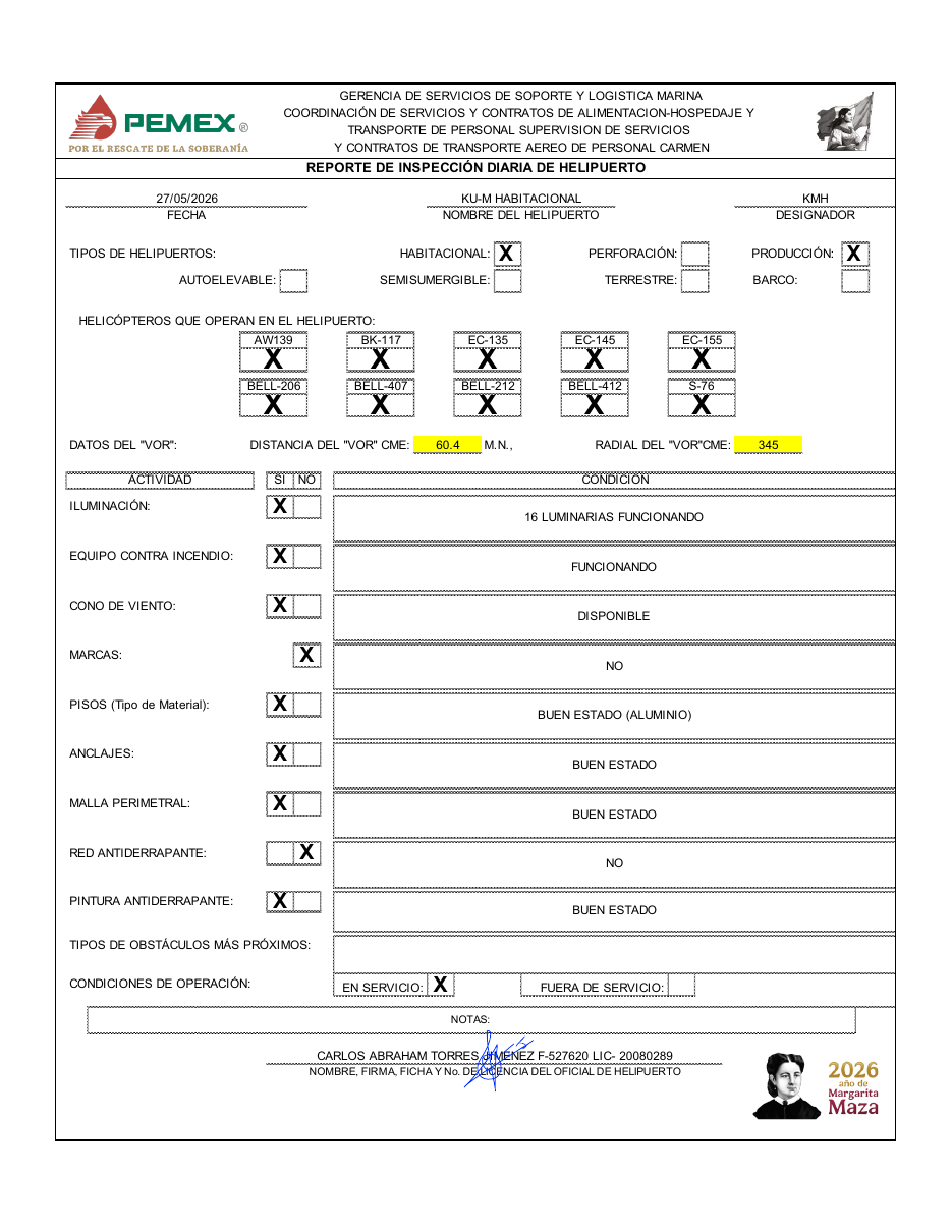 Reporte de Inspección Diaria de Helipuerto
